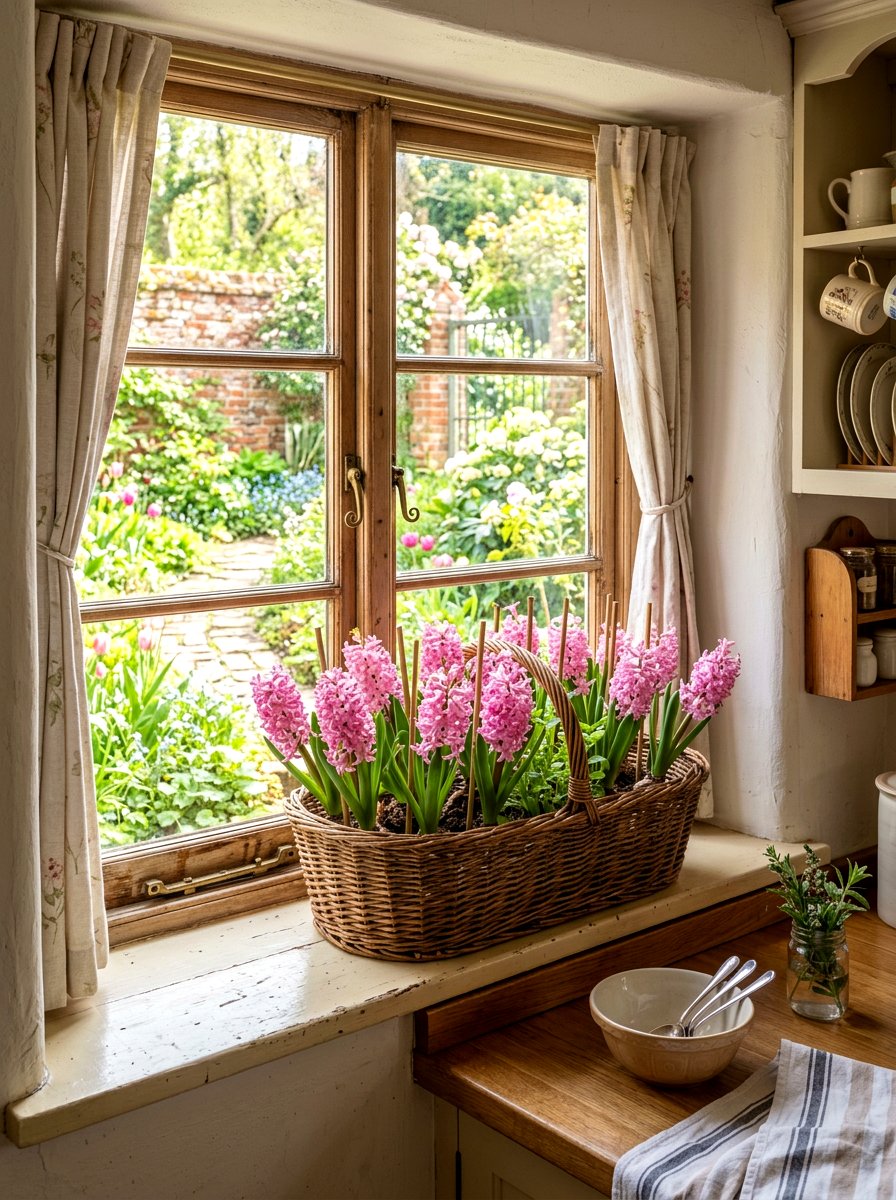 Kitchen Window Hyacinth Basket - 25 Spring Hyacinth Basket Decor Ideas