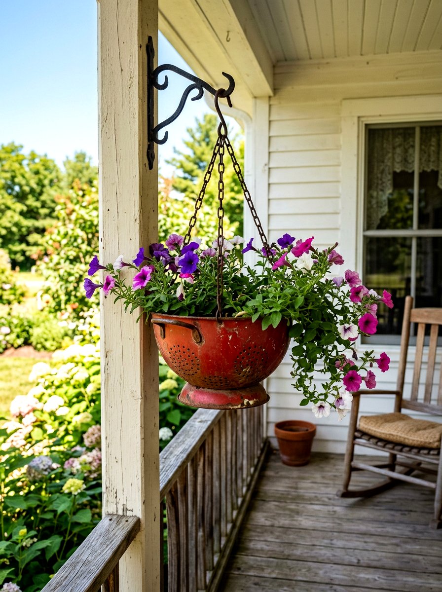 Kitchen colander flower pot - 25 Spring Recycled Decor Ideas