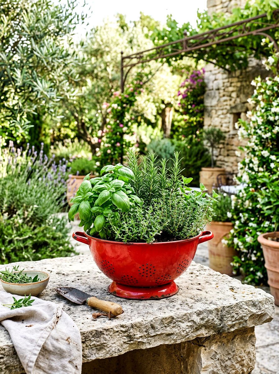 Kitchen herb colander garden - 25 Spring Colander Planter Ideas