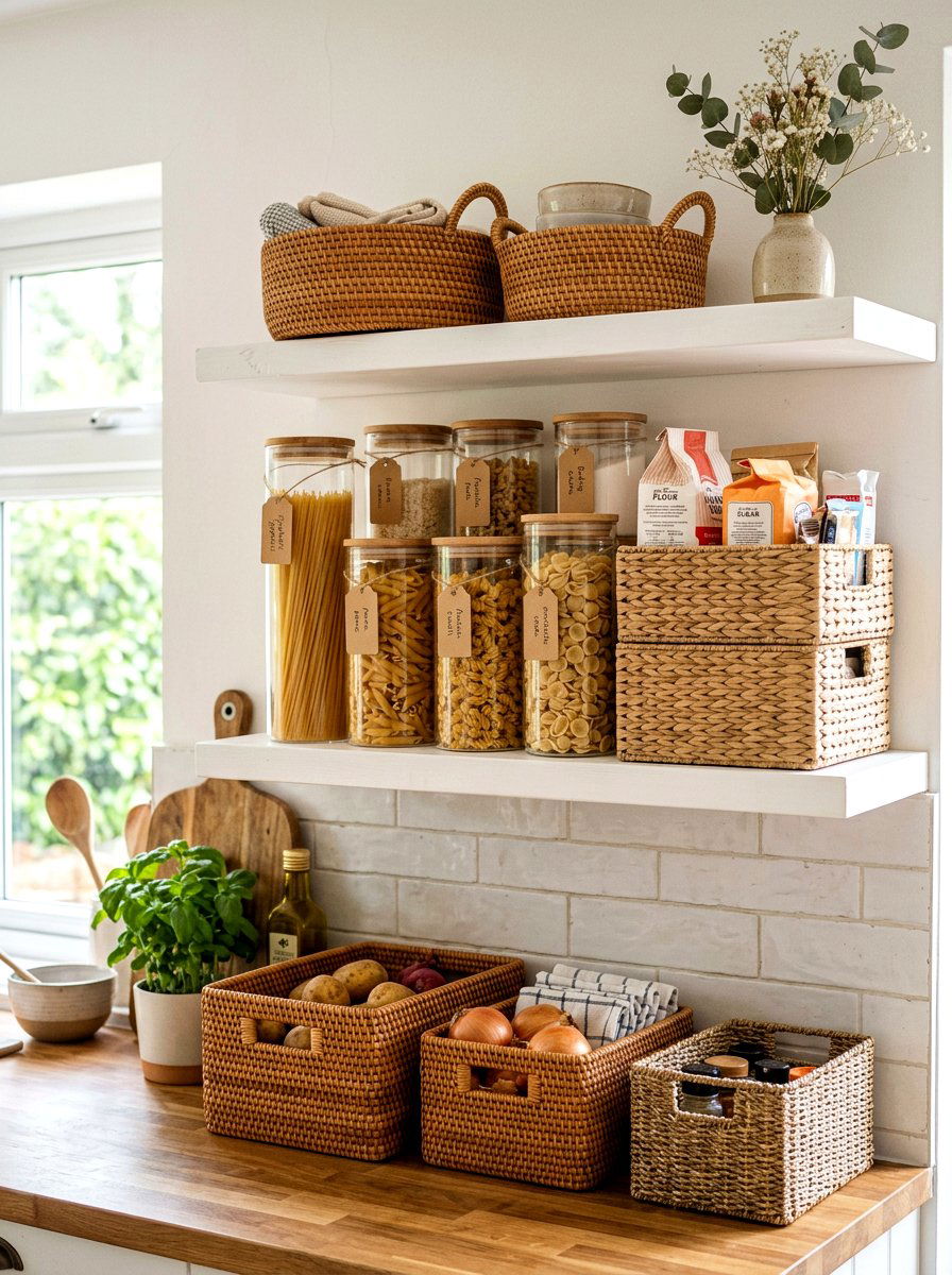 Kitchen shelf beaded garland - 25 Spring Open Shelving Decor Ideas