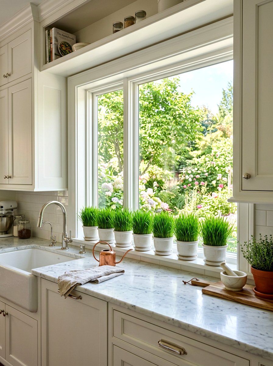 Kitchen windowsill grass pot - 25 Spring Wheat Grass Decor Ideas