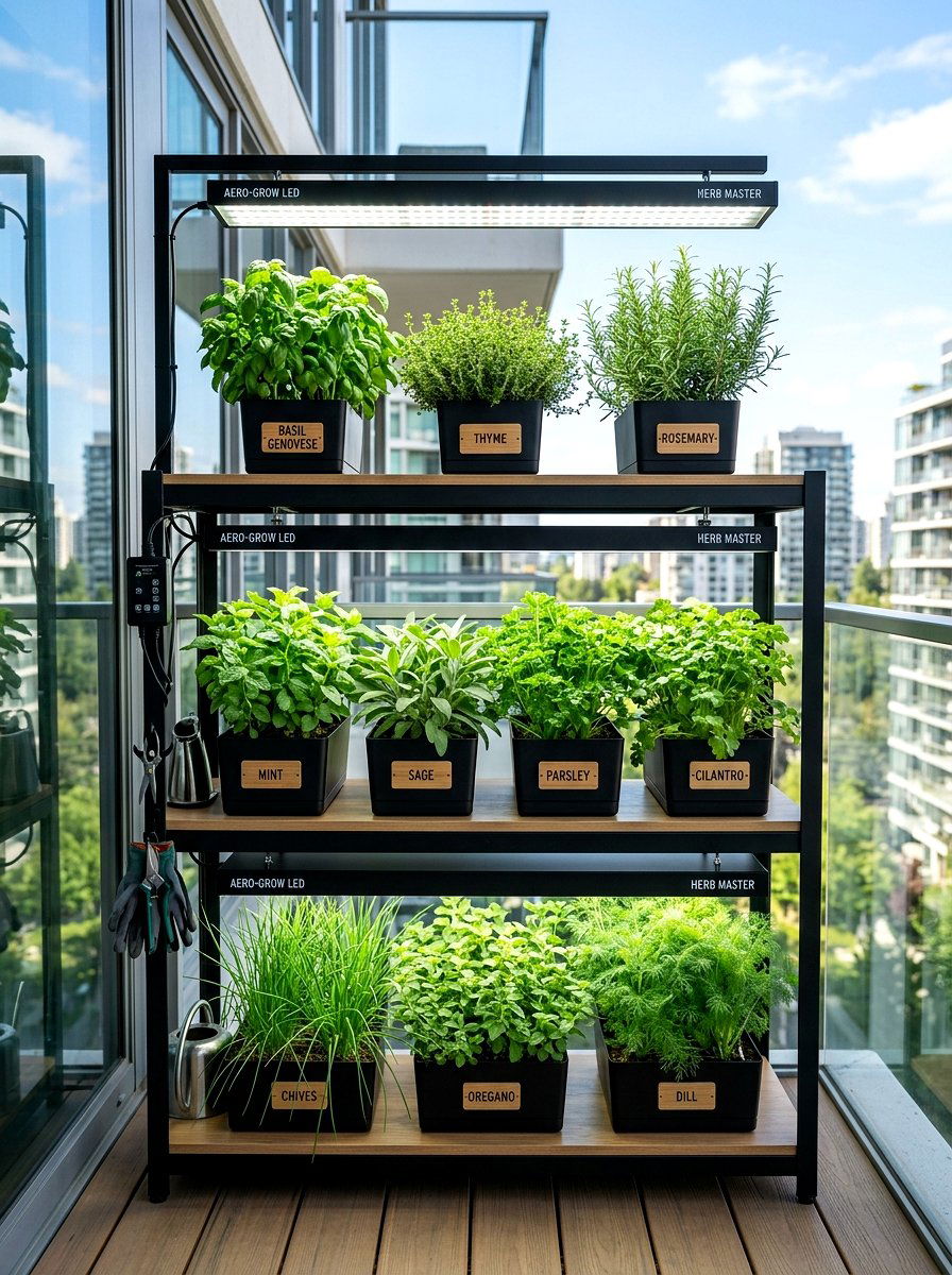 LED grow light herb garden - 25 Spring Balcony Herb Garden Ideas