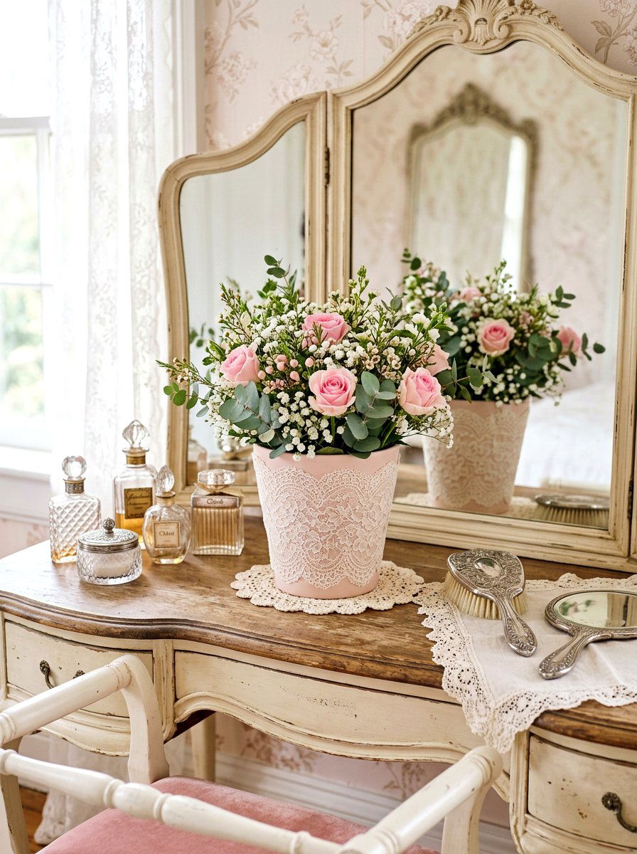 Lace Embellished Flower Pot - 25 Spring Clay Pot Craft Ideas