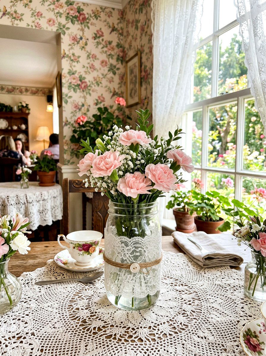 Lace Mason Jar With Pink Carnations - 25 Spring Mason Jar Flower Ideas