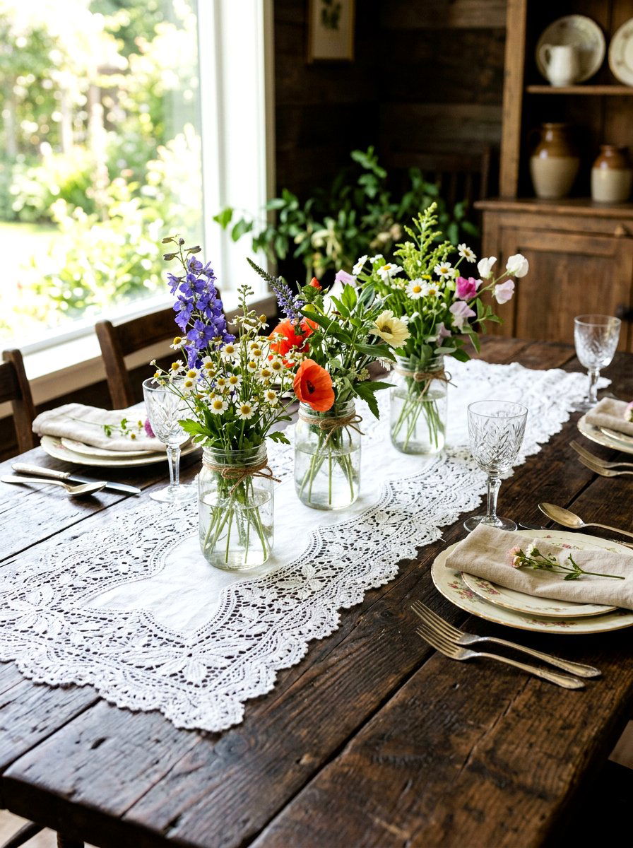 Lace Table Runner - 25 Spring Barn Wedding Decor Ideas