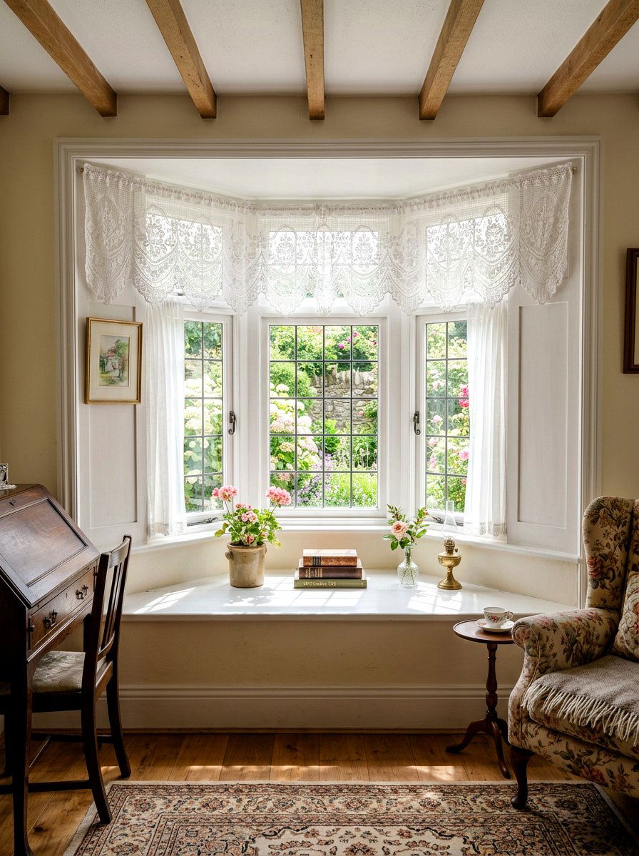 Lace Trim Window Valance - 25 Spring Bay Window Decor Ideas