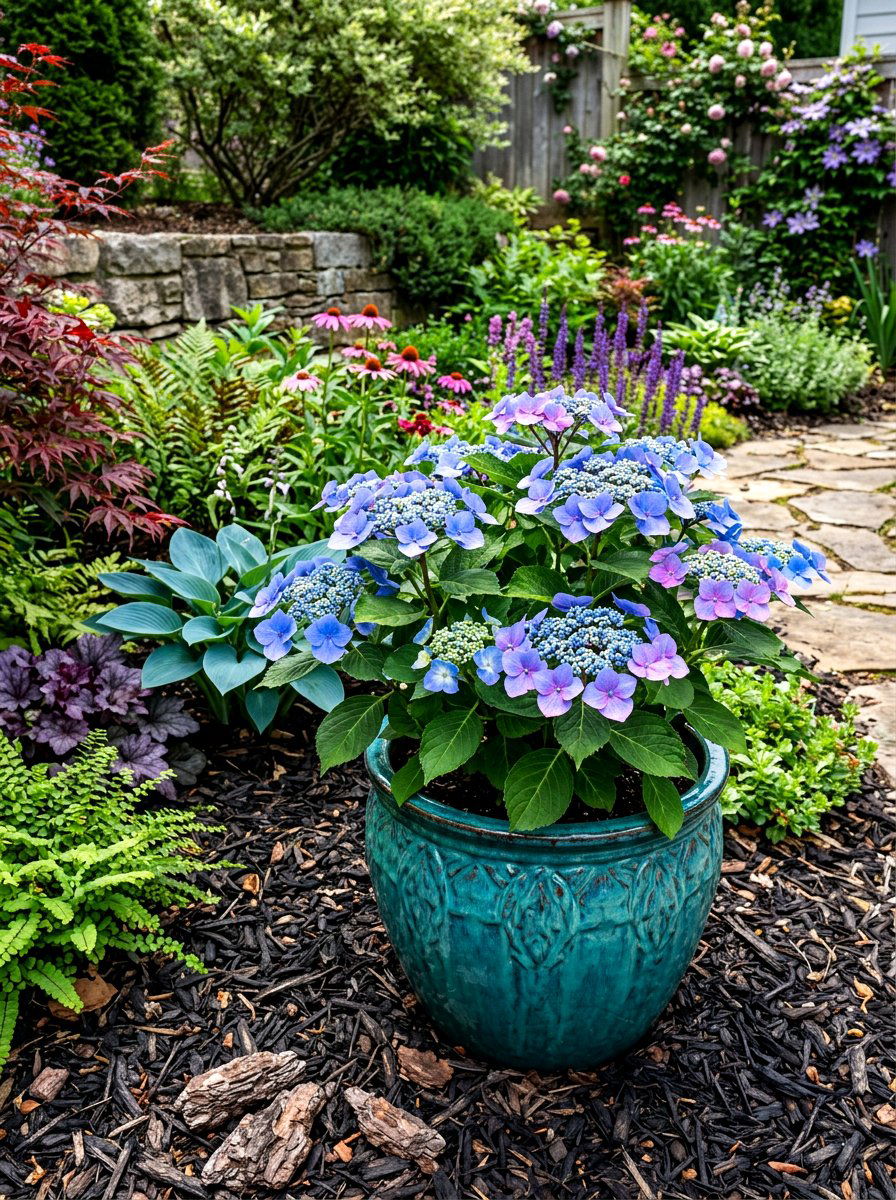 Lacecap Hydrangea Glazed Teal Pot - 25 Spring Hydrangea Planter Ideas