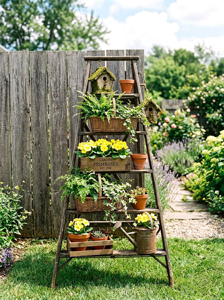 Ladder Plant Display - 25 Spring Outdoor Shelf Decor Ideas
