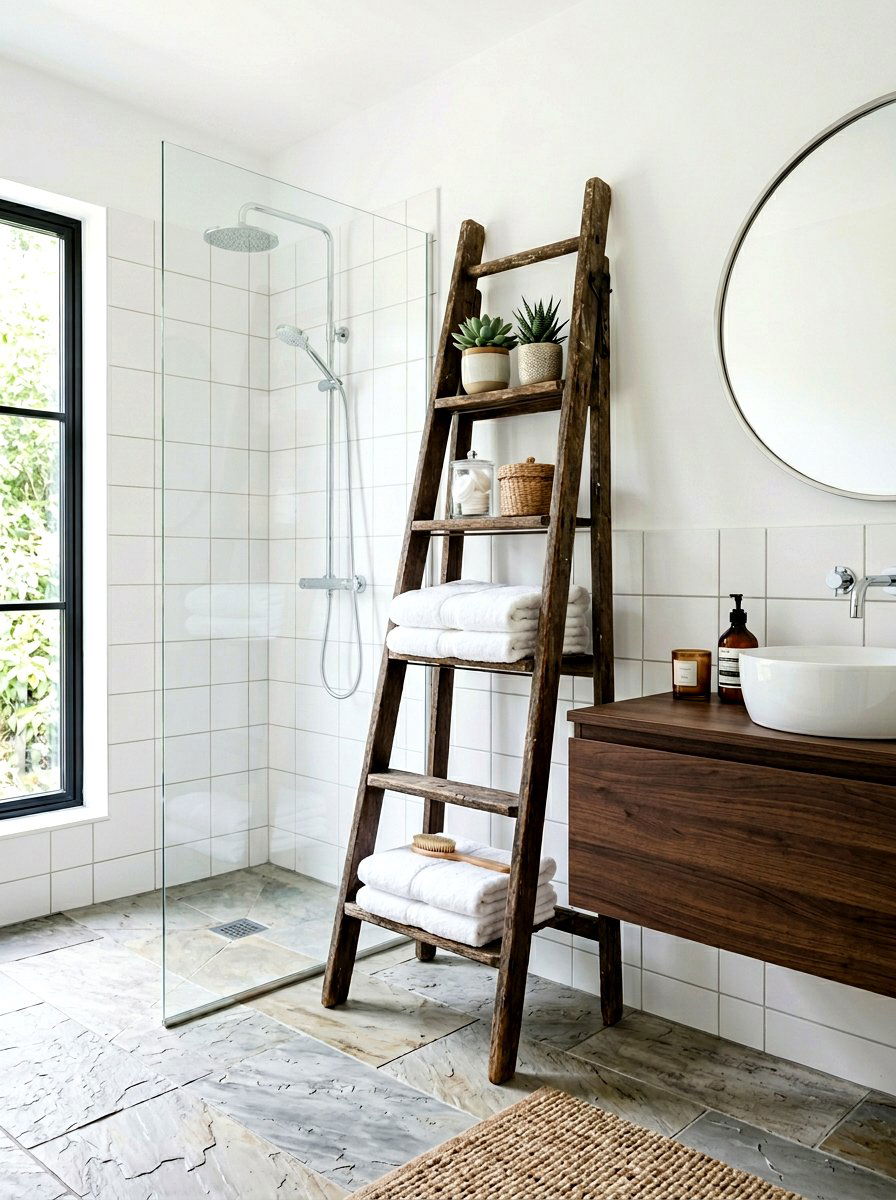 Ladder Shelf Bathroom Storage - 25 Spring Upcycled Furniture Ideas