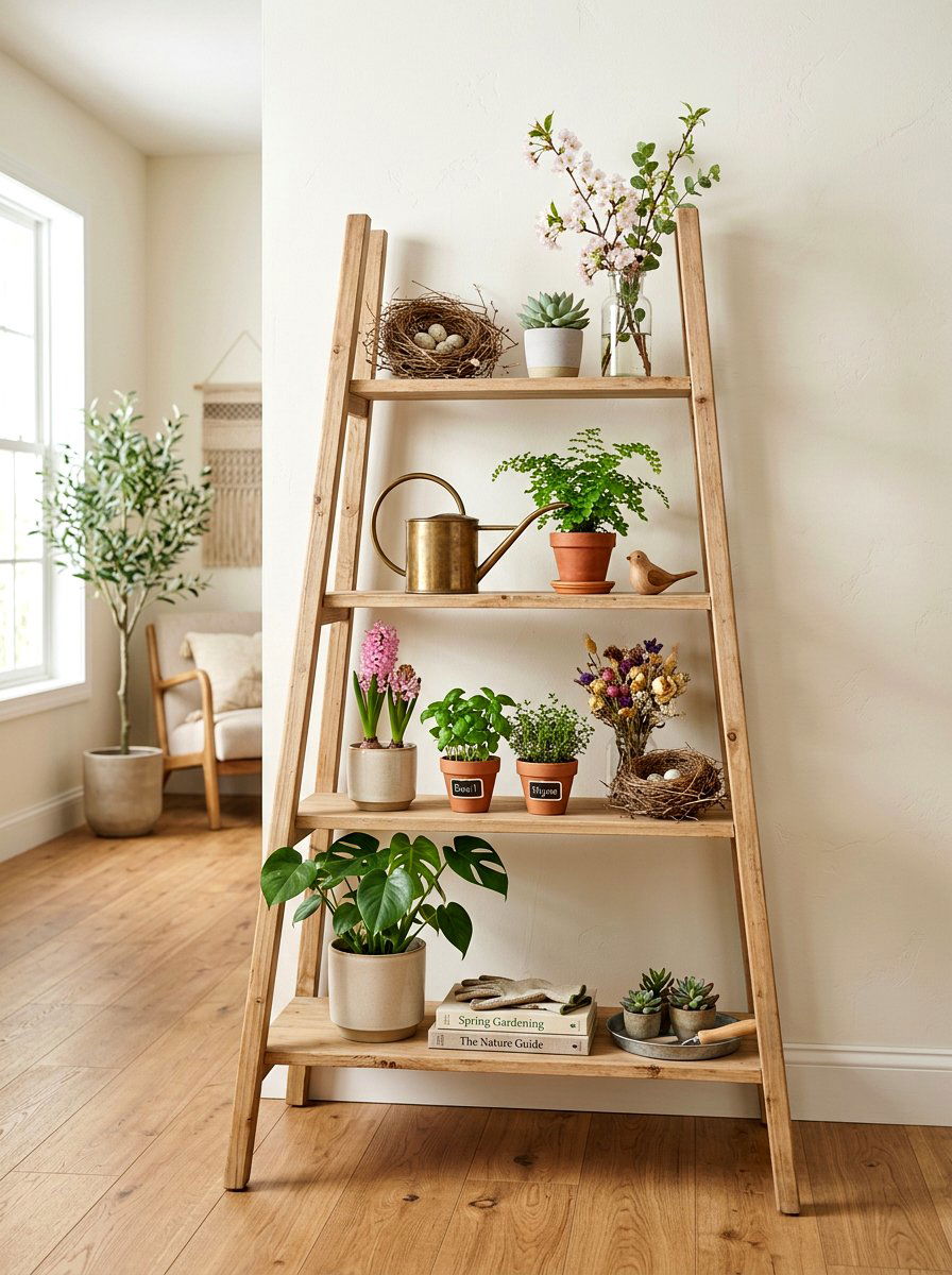 Ladder Shelf Spring Display - 25 Spring Nest Decor Ideas