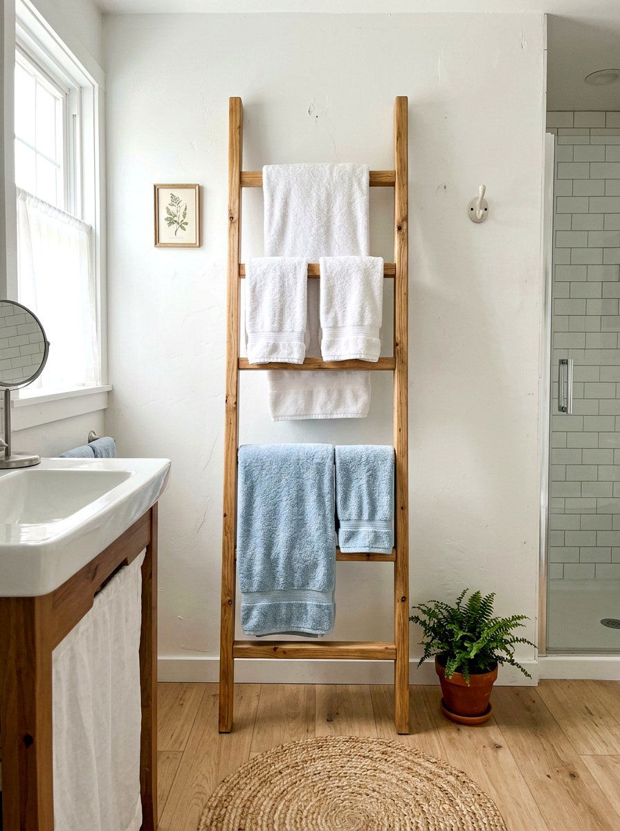 Ladder Towel Rack - 25 Spring Bathroom Refresh Ideas