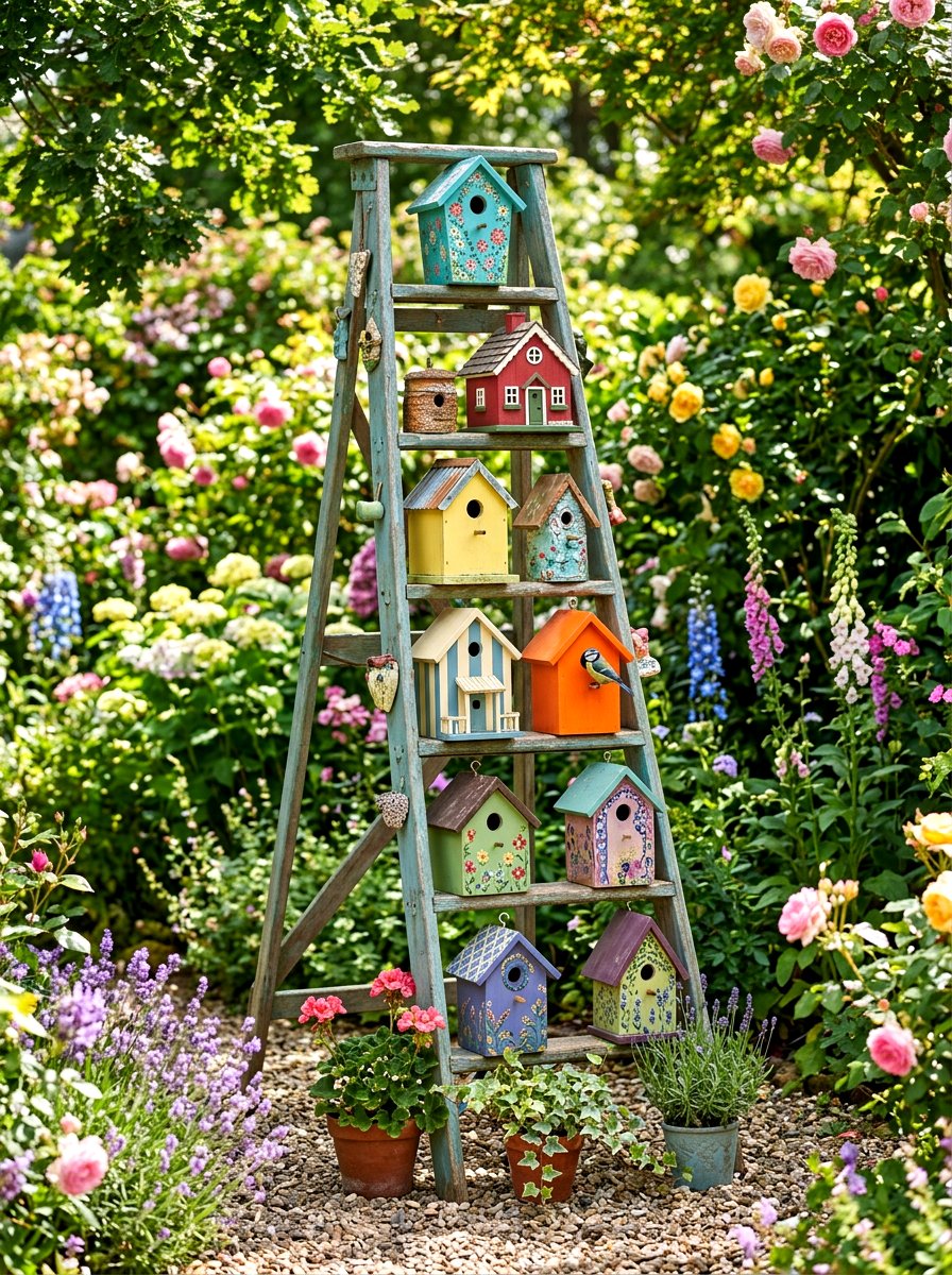 Ladder birdhouse display - 25 Spring Outdoor Ladder Decor Ideas