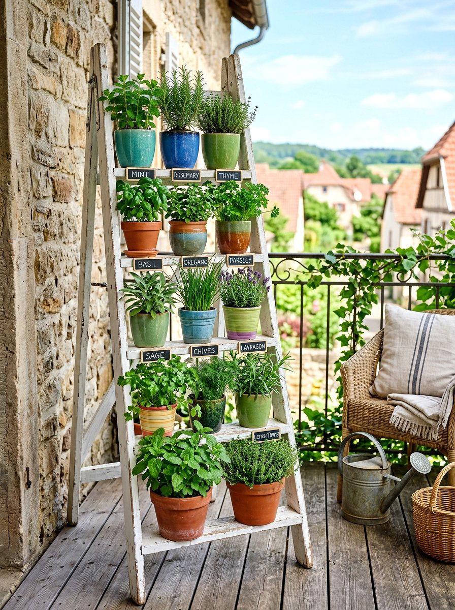 Ladder herb display - 25 Spring Balcony Herb Garden Ideas