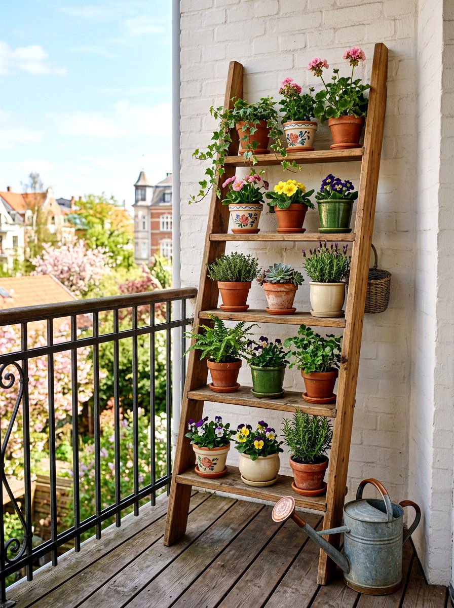 Ladder plant shelf - 25 Spring Balcony Planter Ideas