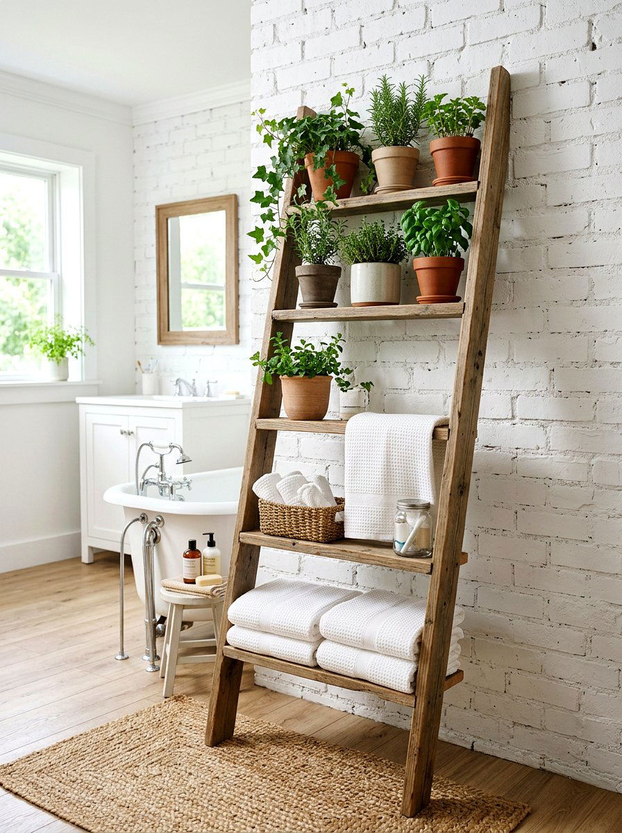 Ladder shelf bathroom plants - 25 Spring Bathroom Plant Display Ideas