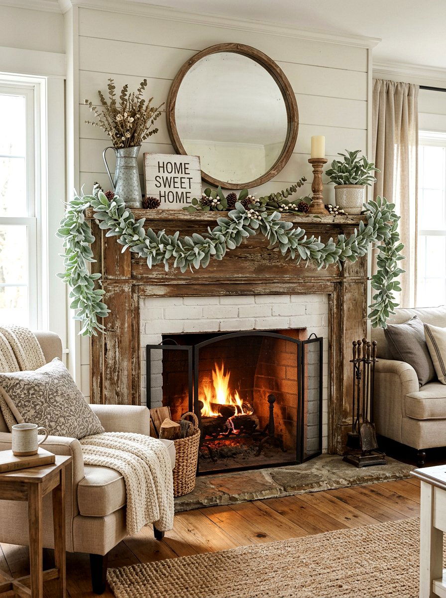 Lambs Ear Mantel - 25 Spring Garland Ideas for Mantel