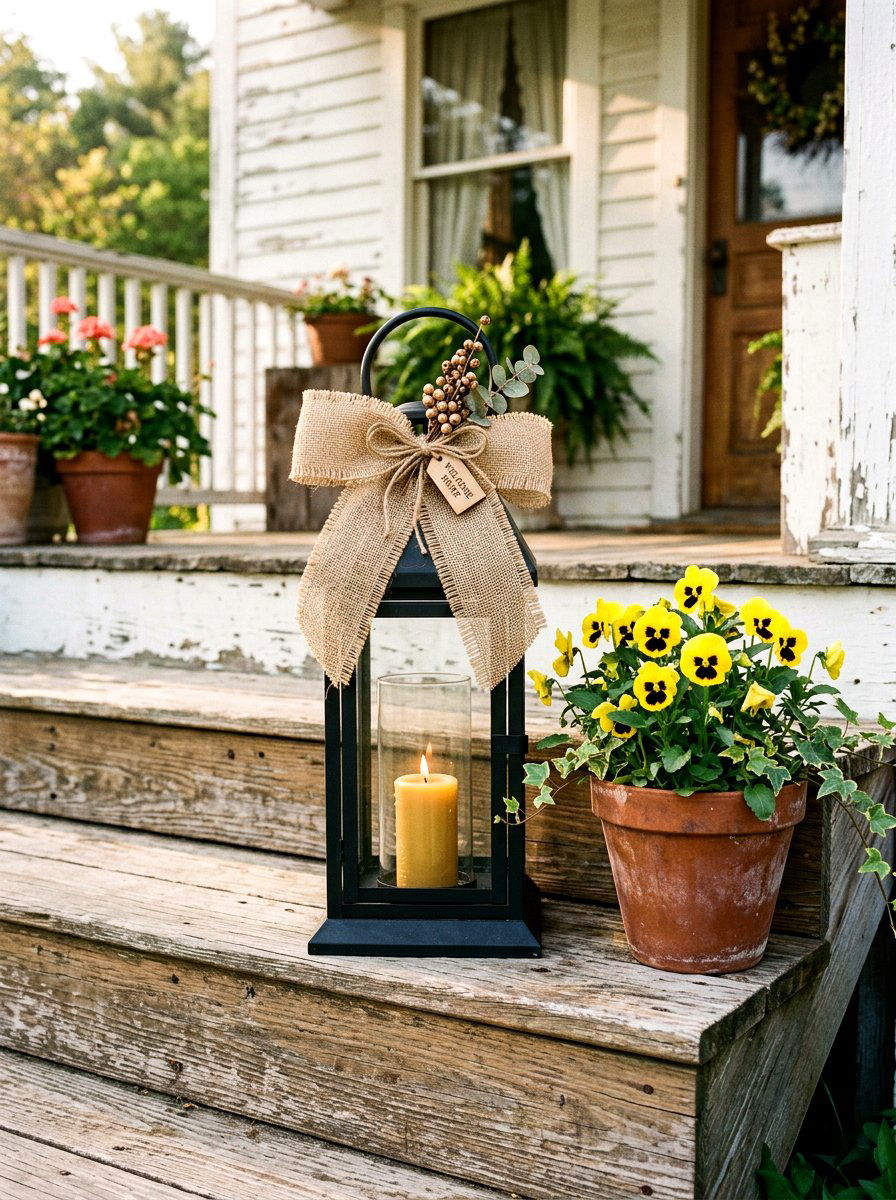 Lantern With Burlap Bow - 25 Spring Lantern Ideas for Porch
