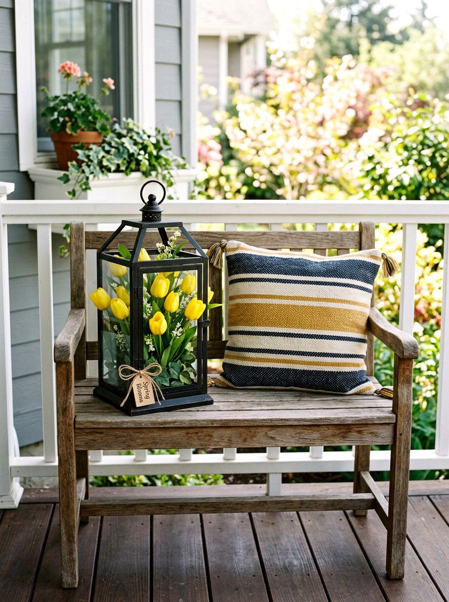 Lantern With Faux Tulips - 25 Spring Porch Lantern Ideas