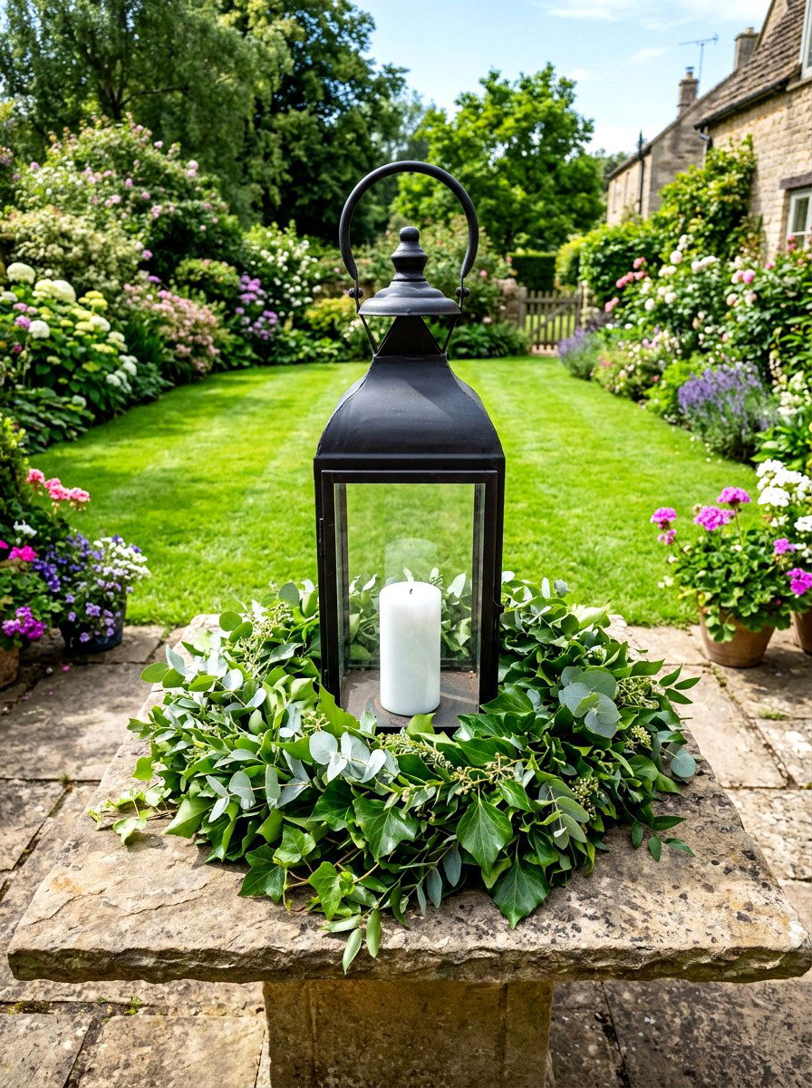 Lantern With Greenery - 25 Spring Patio Table Centerpiece Ideas