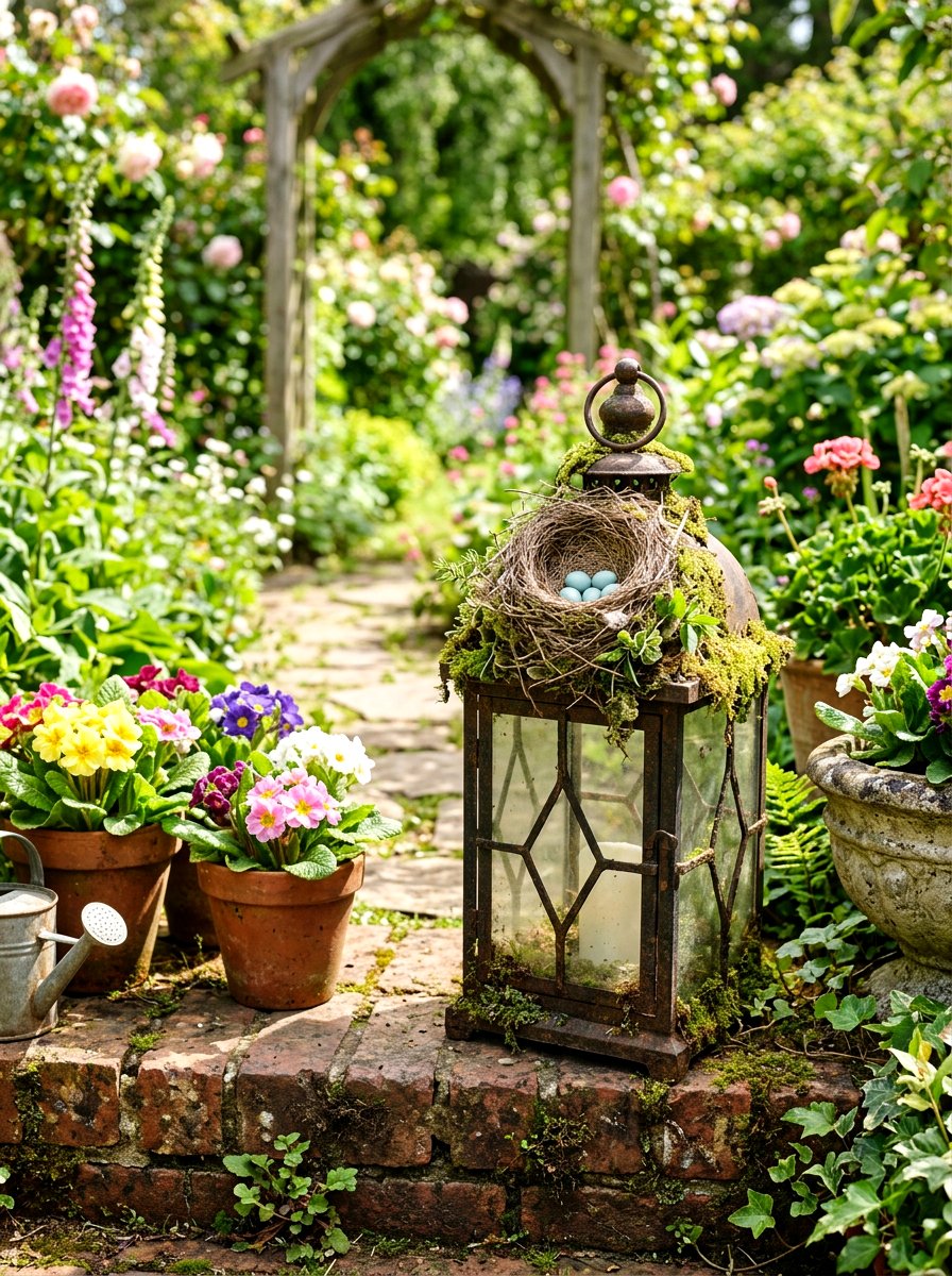 Lantern With Moss And Birds Nest - 25 Spring Porch Lantern Ideas