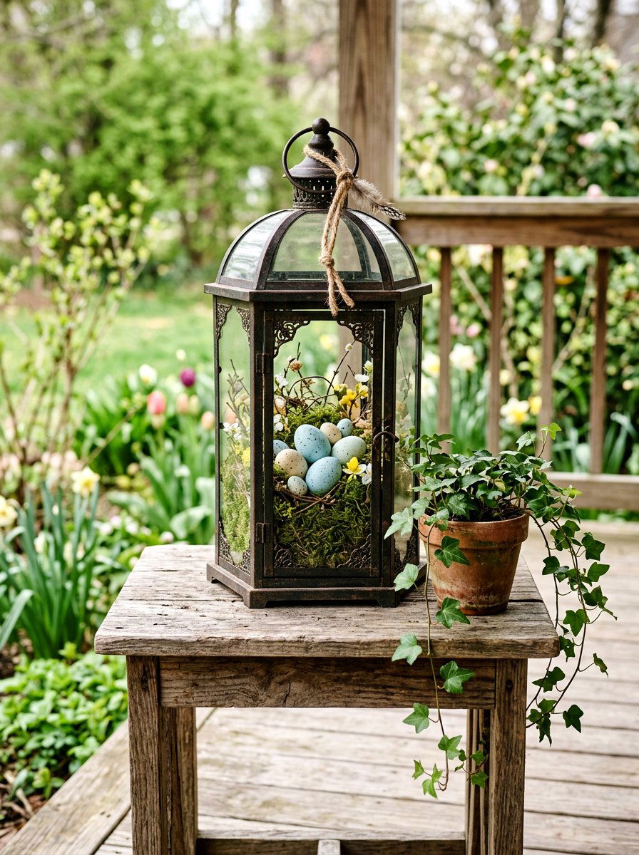 Lantern With Moss And Eggs - 25 Spring Lantern Ideas for Porch