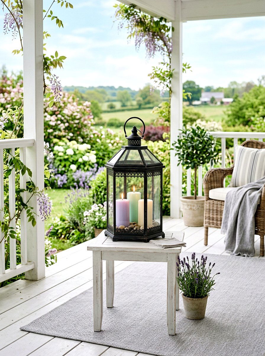 Lantern With Pastel Pillar Candles - 25 Spring Porch Lantern Ideas