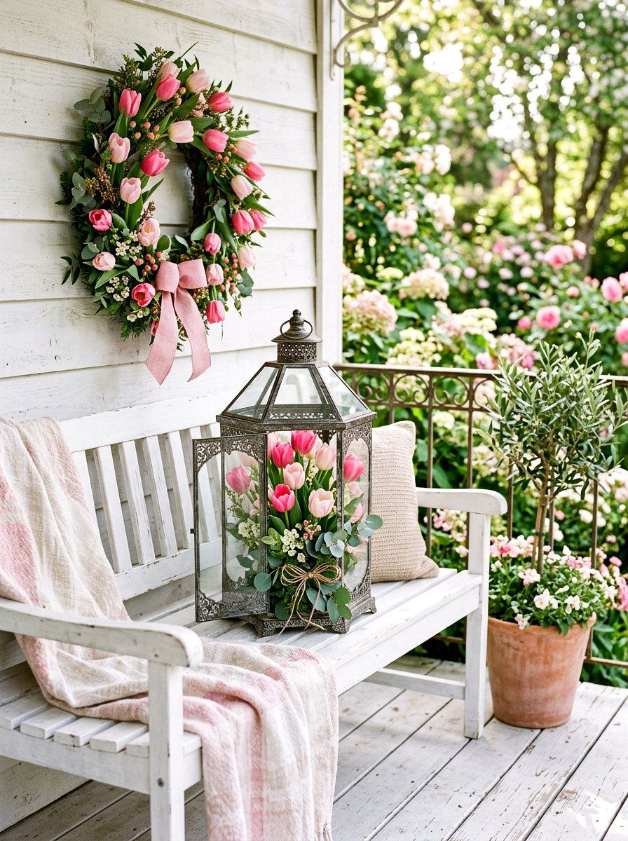 Lantern With Pink Tulips - 25 Spring Lantern Ideas for Porch