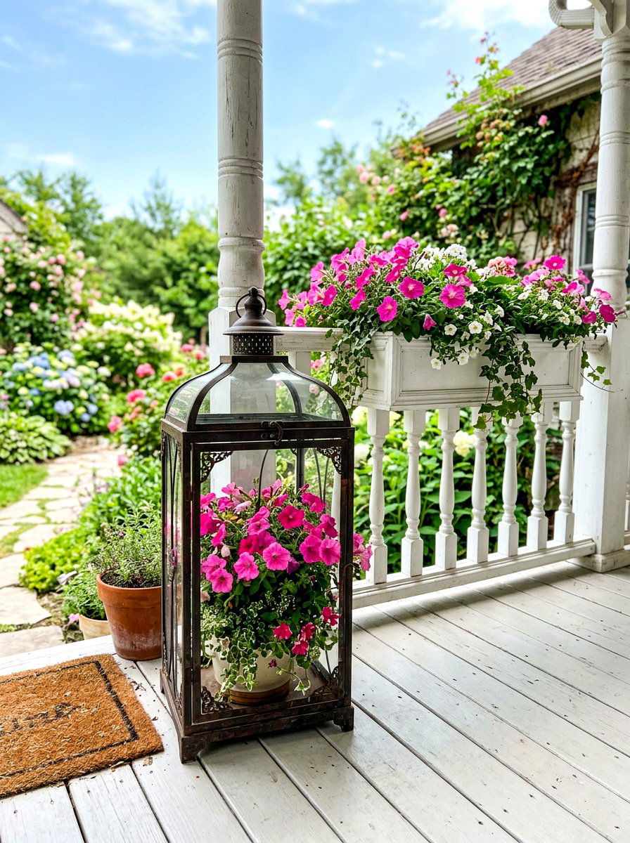 Lantern With Potted Flowers - 25 Spring Lantern Ideas for Porch