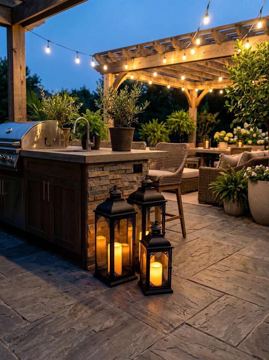 Lantern on patio floor - 25 Spring Outdoor Kitchen Decor Ideas