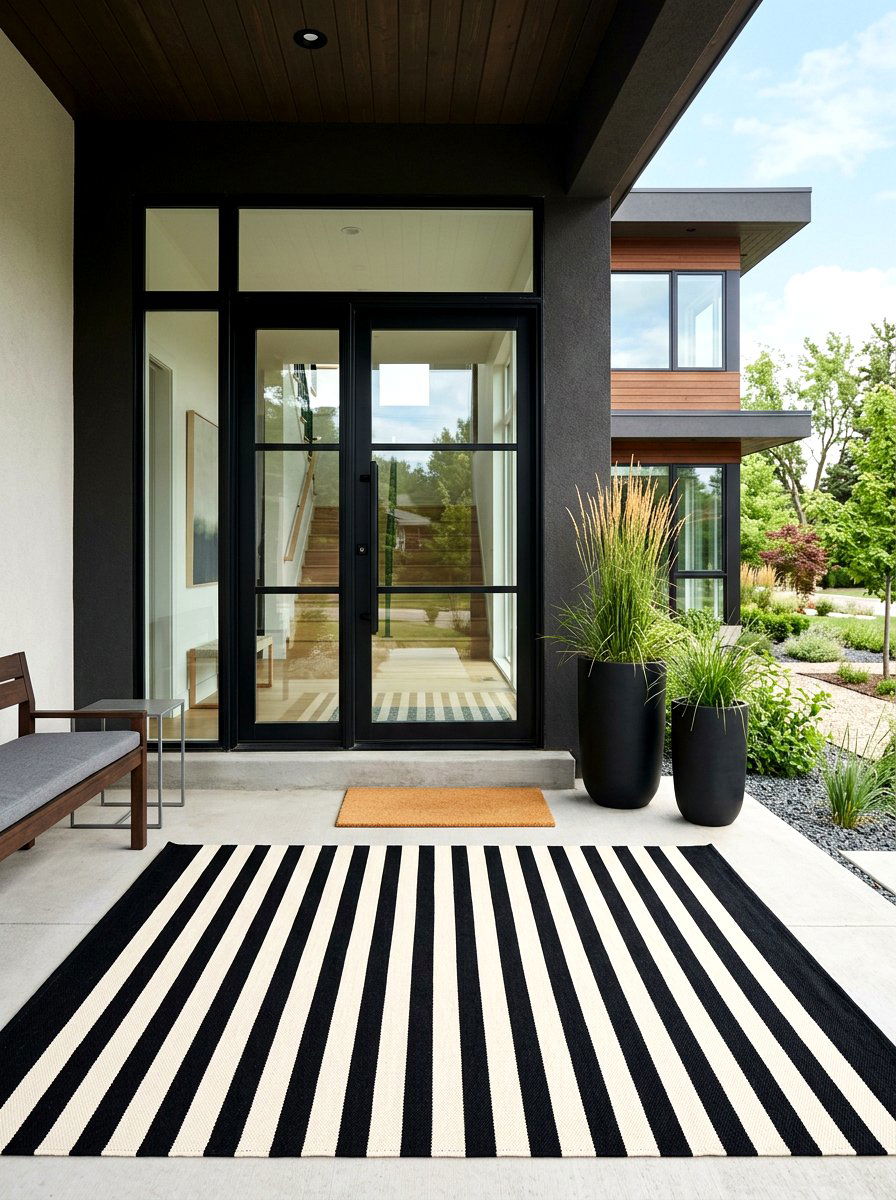 Large Black Striped Outdoor Rug - 25 Spring Doormat Layering Ideas