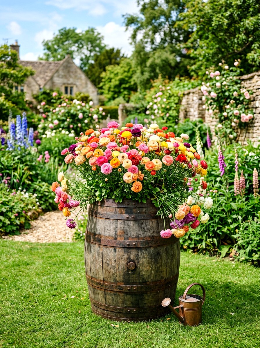 Large Ranunculus Whiskey Barrel - 25 Spring Ranunculus Planter Ideas
