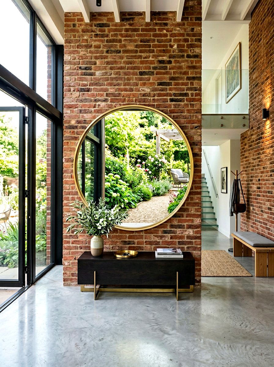 Large Round Mirror On Brick - 25 Spring Brick Wall Decor Ideas
