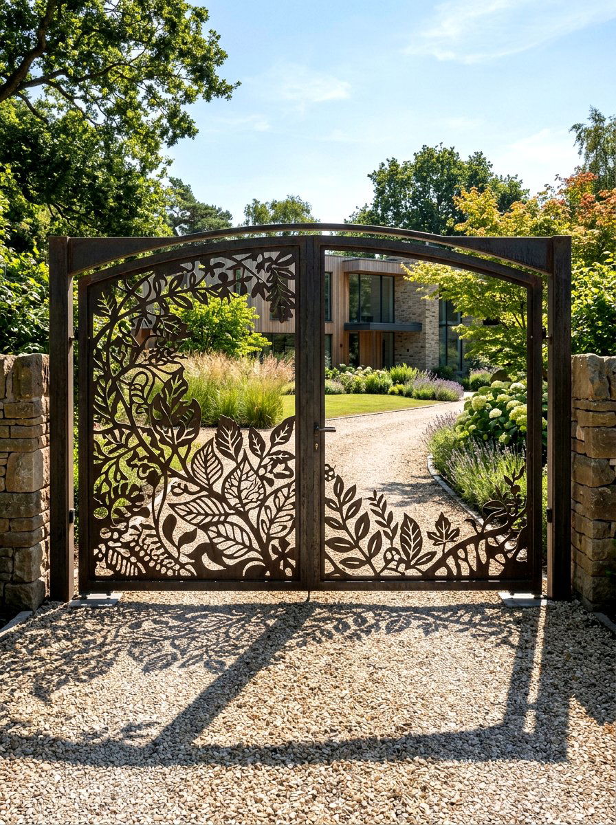 Laser Cut Metal Gate With Leaves - 25 Spring Driveway Gate Ideas