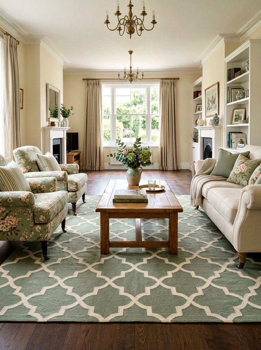 Lattice pattern rug living room - 25 Spring Grandmillennial Decor Ideas