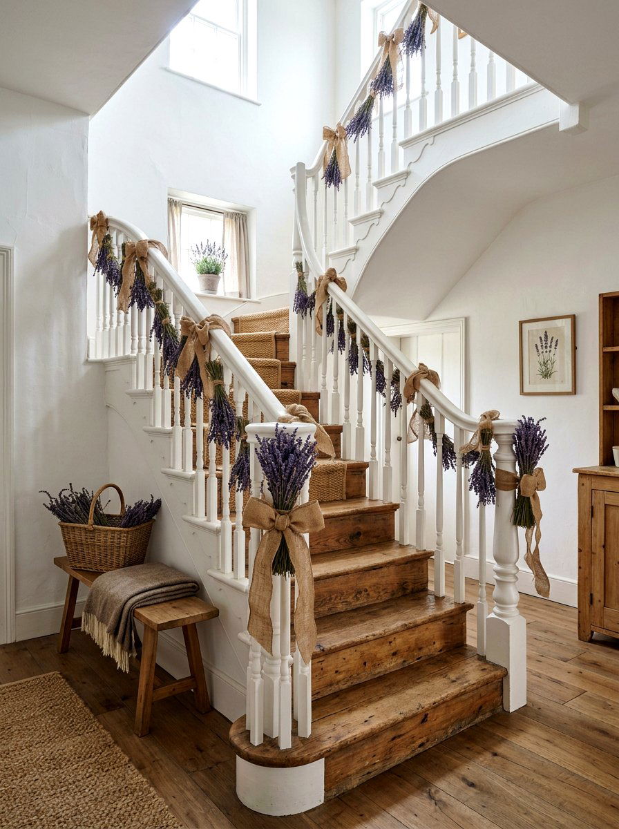 Lavender And Burlap - 25 Spring Stair Railing Decor Ideas