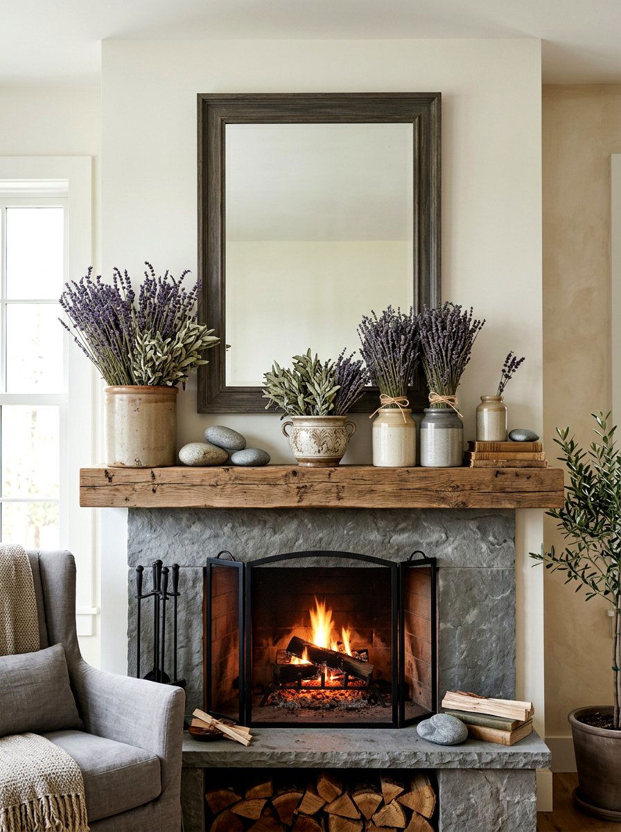 Lavender And Sage Greenery - 25 Spring Mantel Vignette Ideas