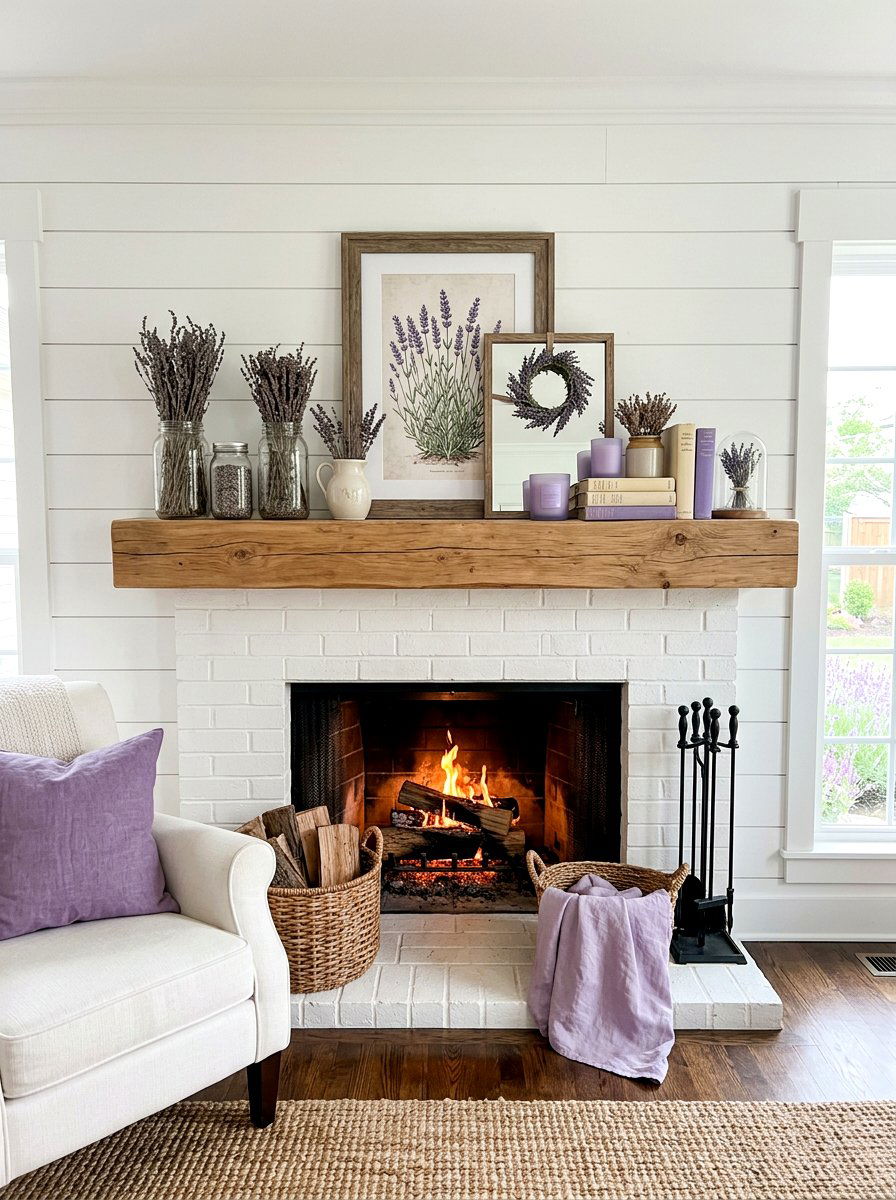 Lavender Farmhouse Mantel - 25 Spring Farmhouse Fireplace Ideas