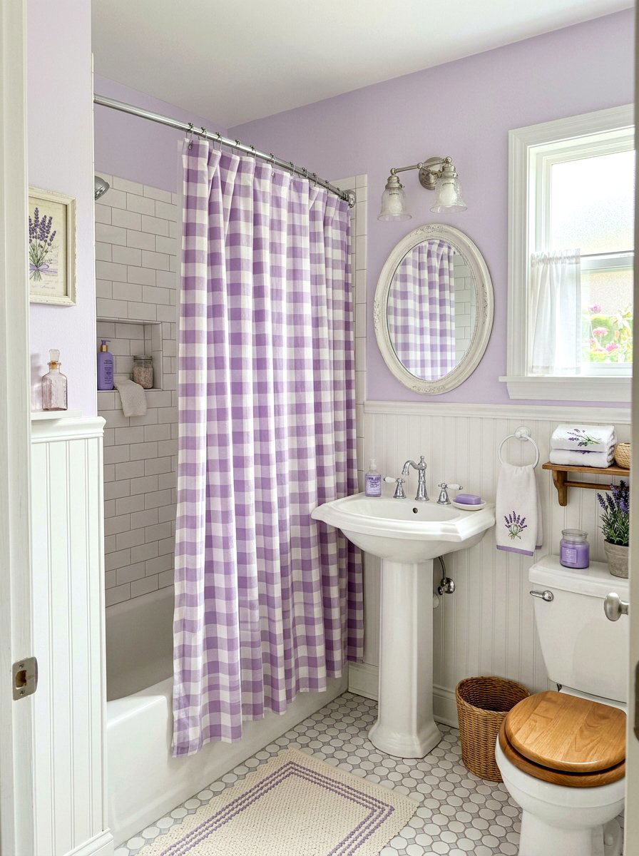 Lavender Gingham Bathroom - 25 Spring Shower Curtain Ideas