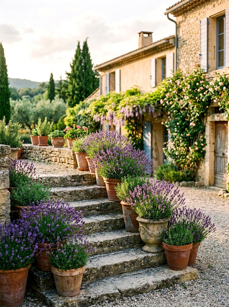 Lavender Herb Stair Display - 25 Spring Porch Step Decor Ideas