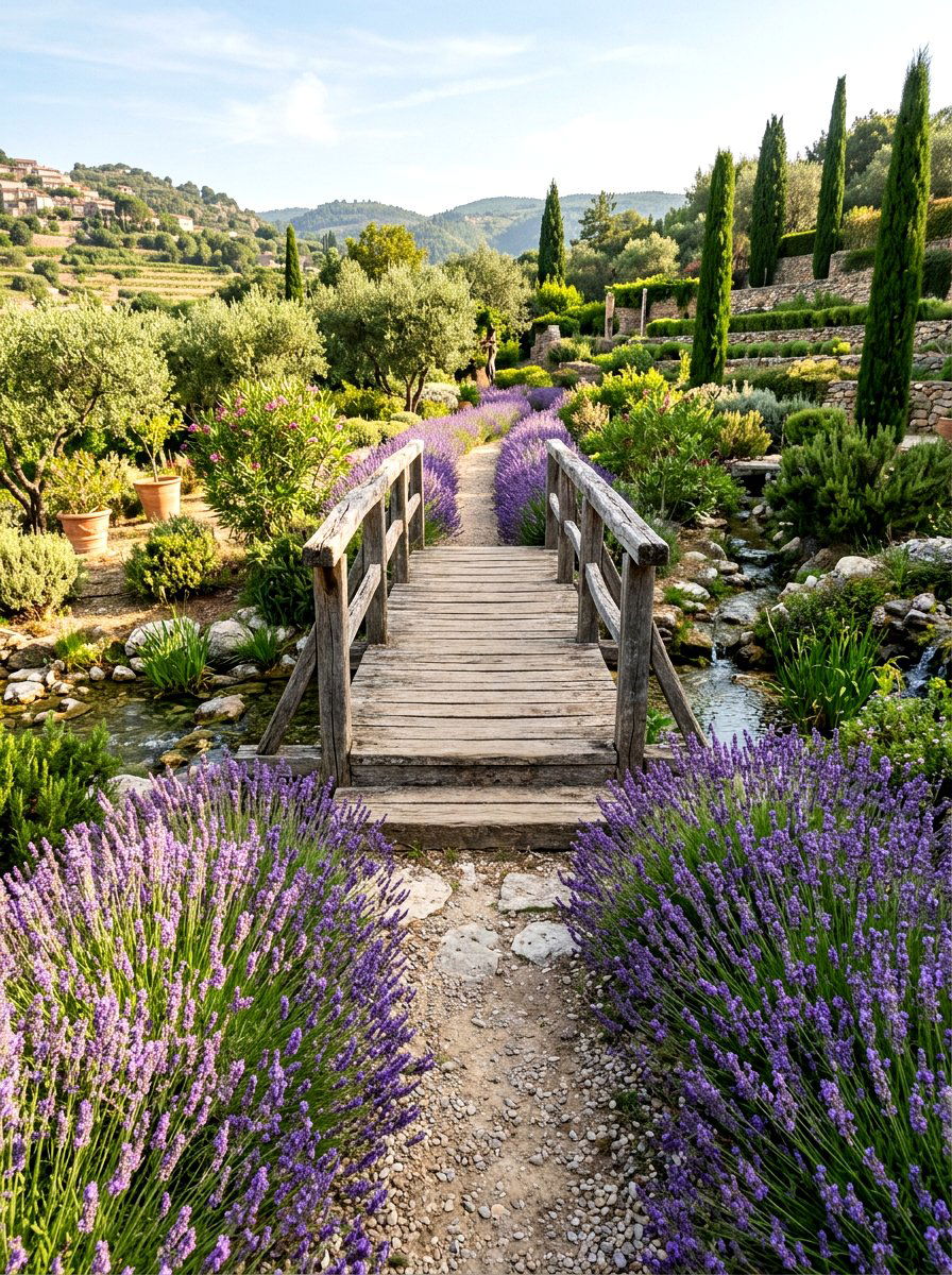 Lavender Lined Bridge Walkway - 25 Spring Garden Bridge Decor Ideas