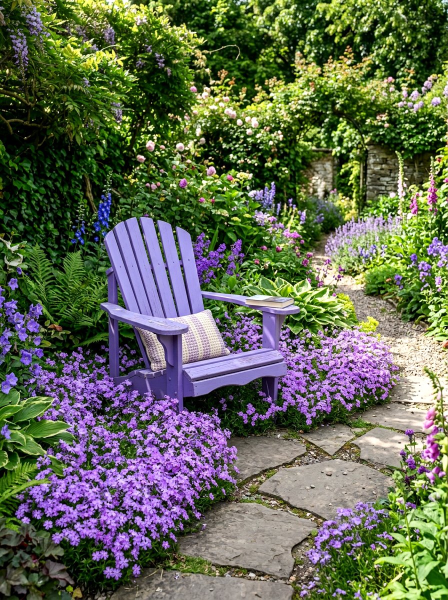 Lavender Painted Chair In Flower Bed - 25 Spring Adirondack Chair Decor Ideas