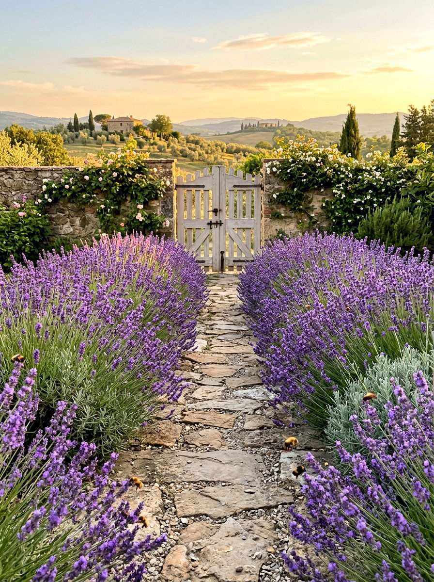 Lavender Plants Along Gate Path - 25 Spring Front Gate Decor Ideas