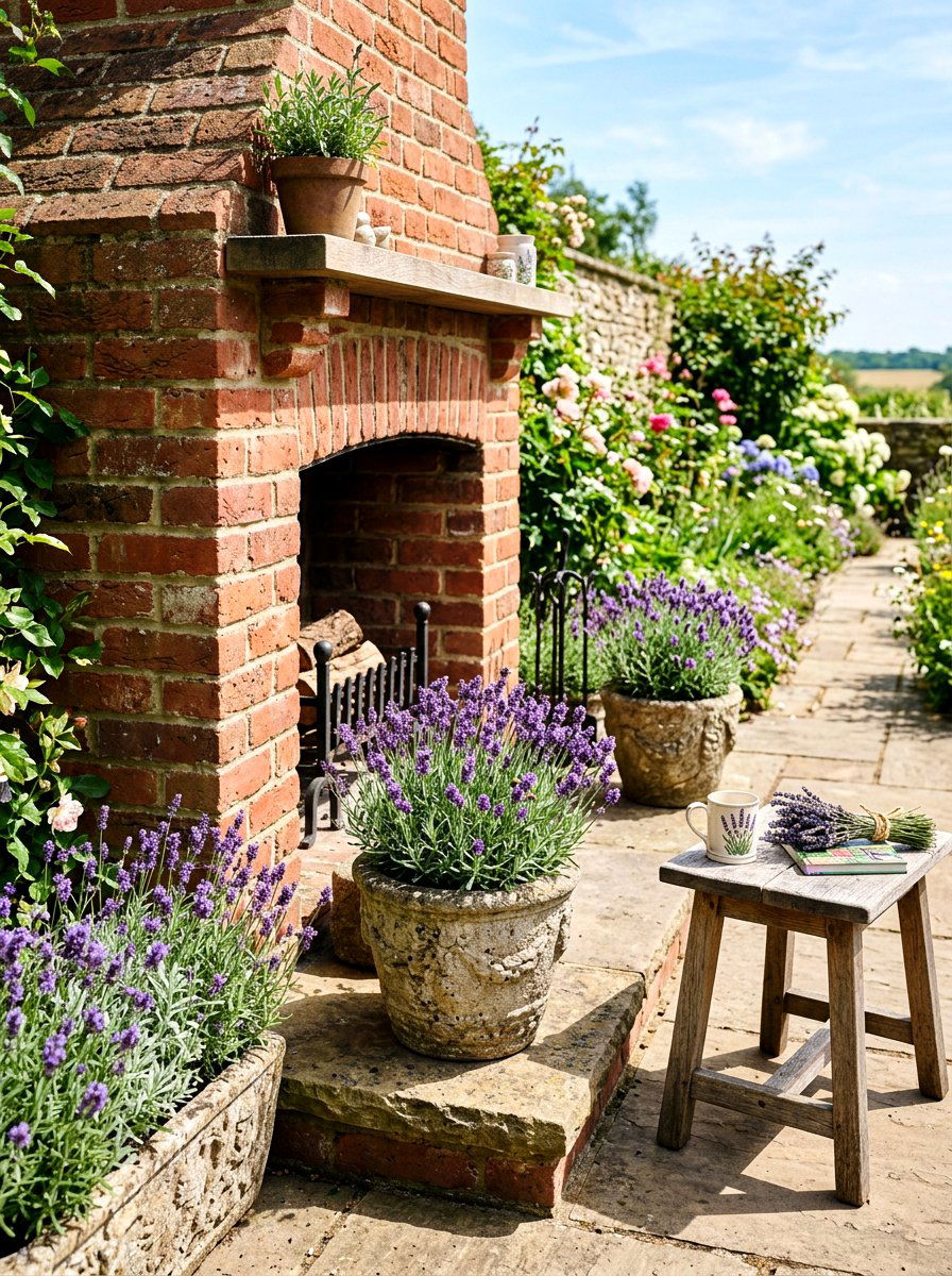 Lavender Pot Fireplace Hearth - 25 Spring Outdoor Fireplace Decor Ideas