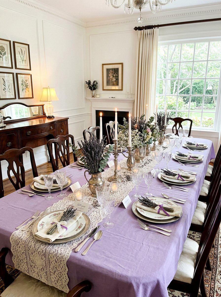 Lavender and lace tablescape - 25 Spring Mother's Day Table Ideas