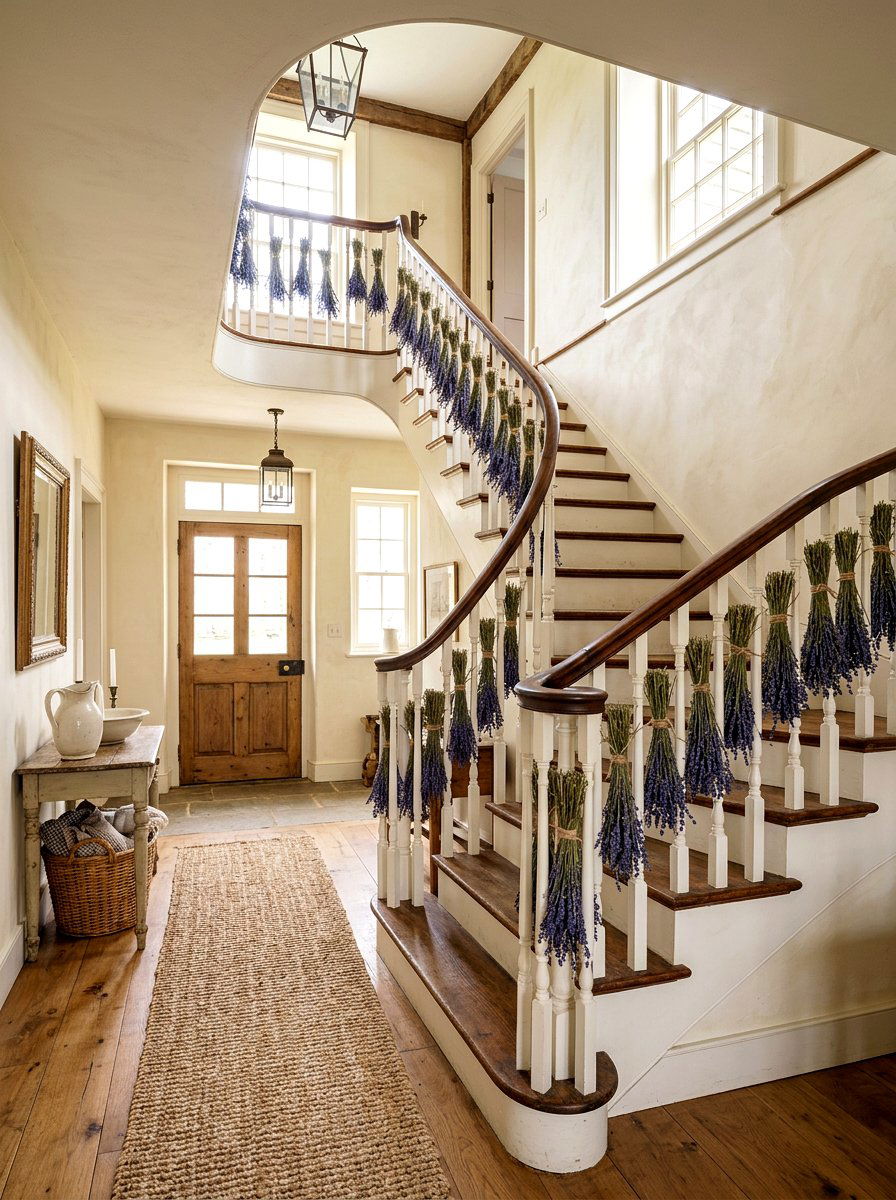 Lavender bunch banister decor - 25 Spring Staircase Decor Ideas