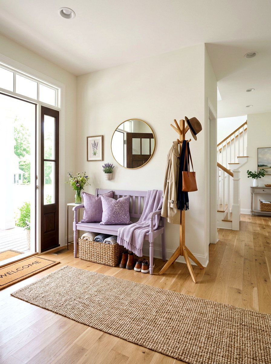 Lavender entryway bench styling - 25 Spring Lavender Decor Ideas