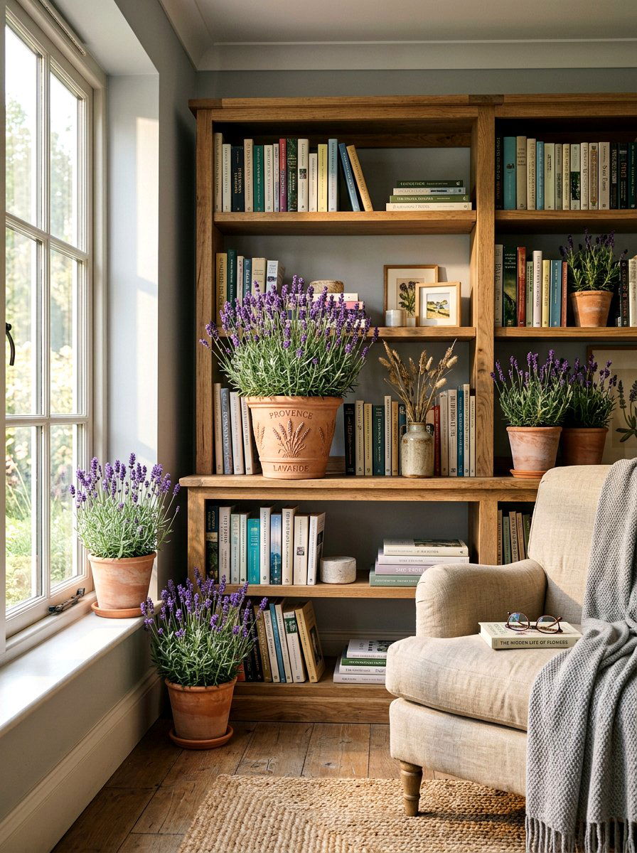 Lavender plant pots - 25 Spring Bookshelf Decor Ideas