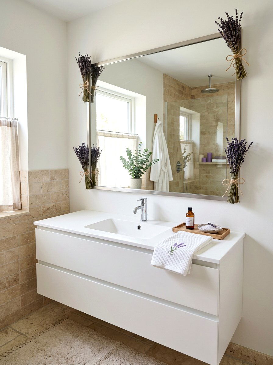 Lavender sprigs for mirror - 25 Spring Bathroom Mirror Decor Ideas