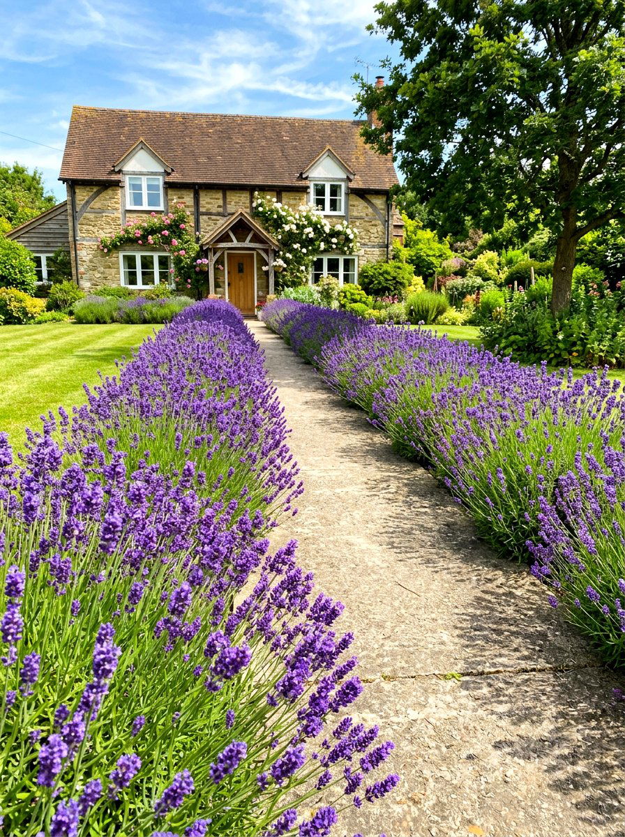 Lavender walkway border - 25 Spring Front Yard Decor Ideas