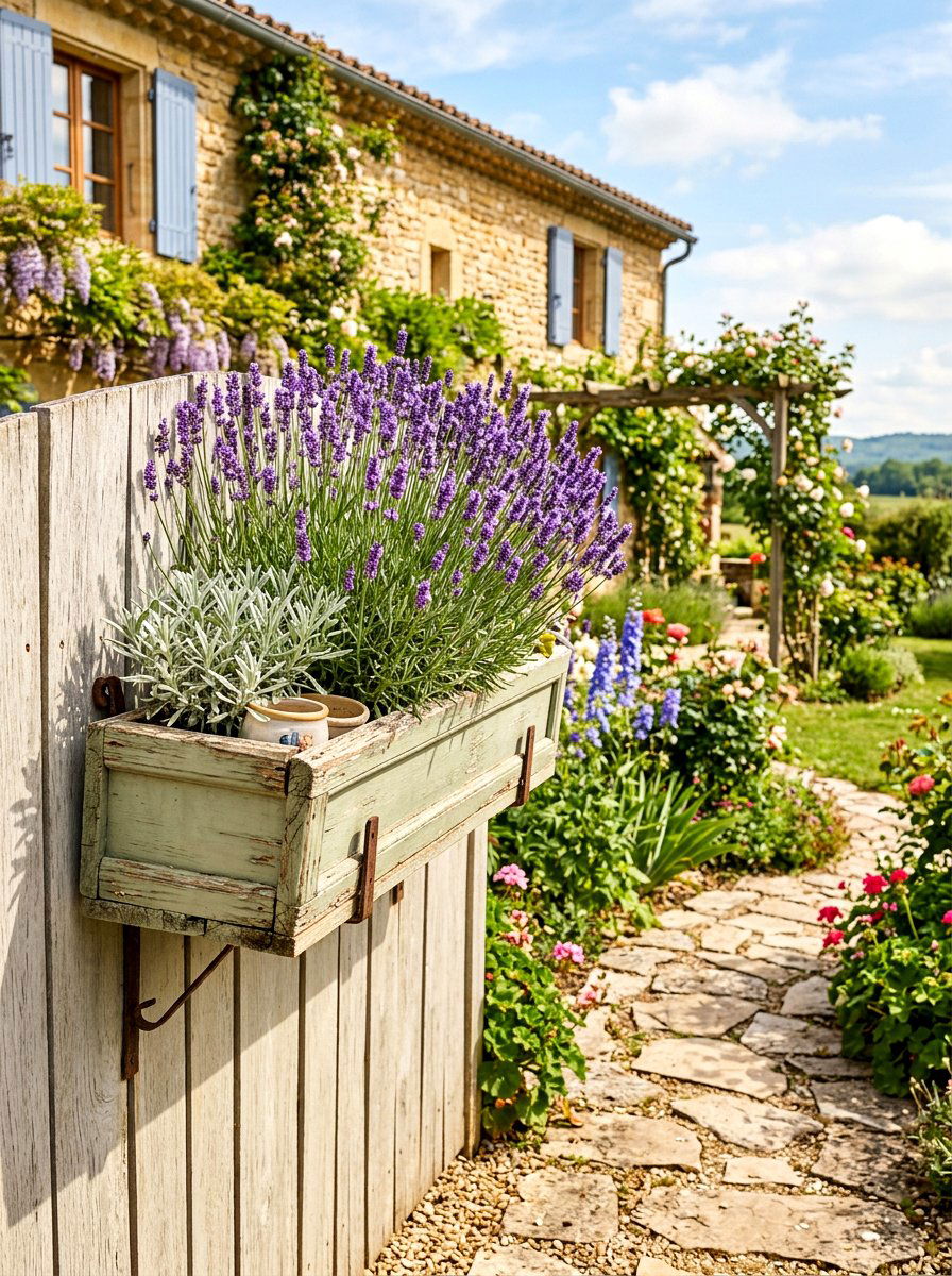 Lavender window box - 25 Spring Cottage Fence Decor Ideas